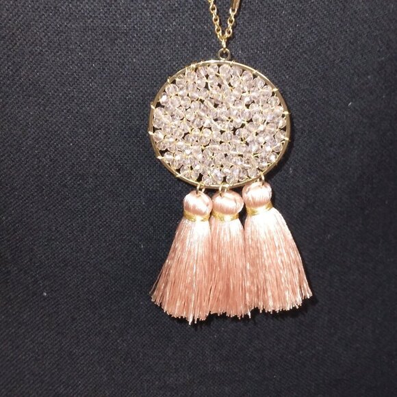 WOMEN'S GOLD & PEACH CRYSTAL CIRCLE W/ TEARDROP FRINGE TASSELS NECKLACE - Picture 2 of 4